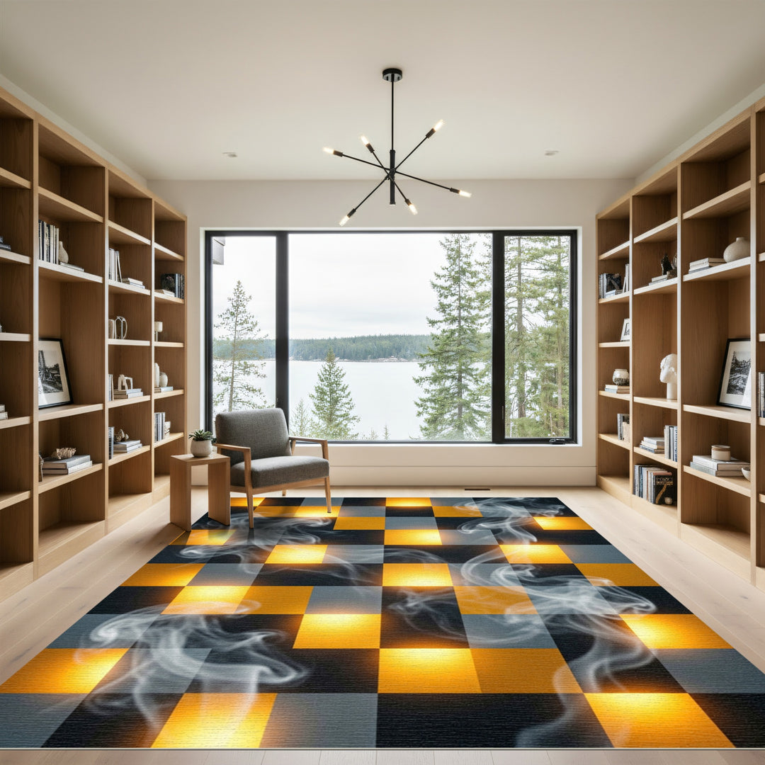 Abstract Smoke Squares Yellow Gray Rug