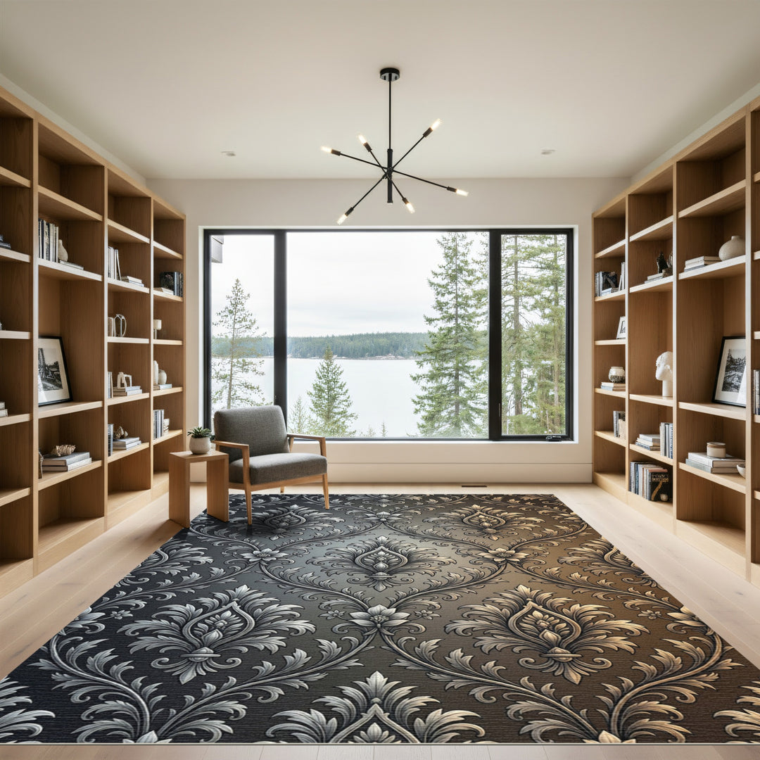 Silver Damask floral ornamental Rug