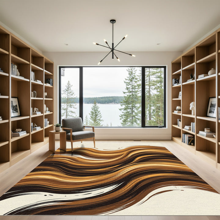 Rich Brown Abstract Flowing Waves Rug