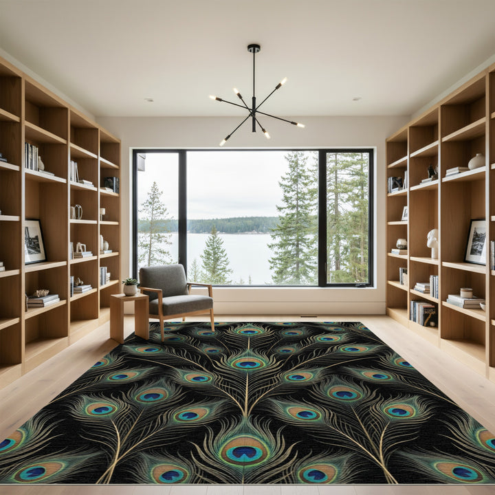 Elegant Peacock Feather Black Rug