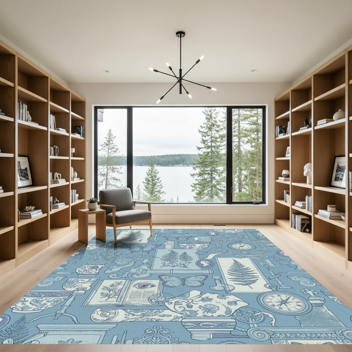 Antique Blue Botanical Butterfly Collage Rug