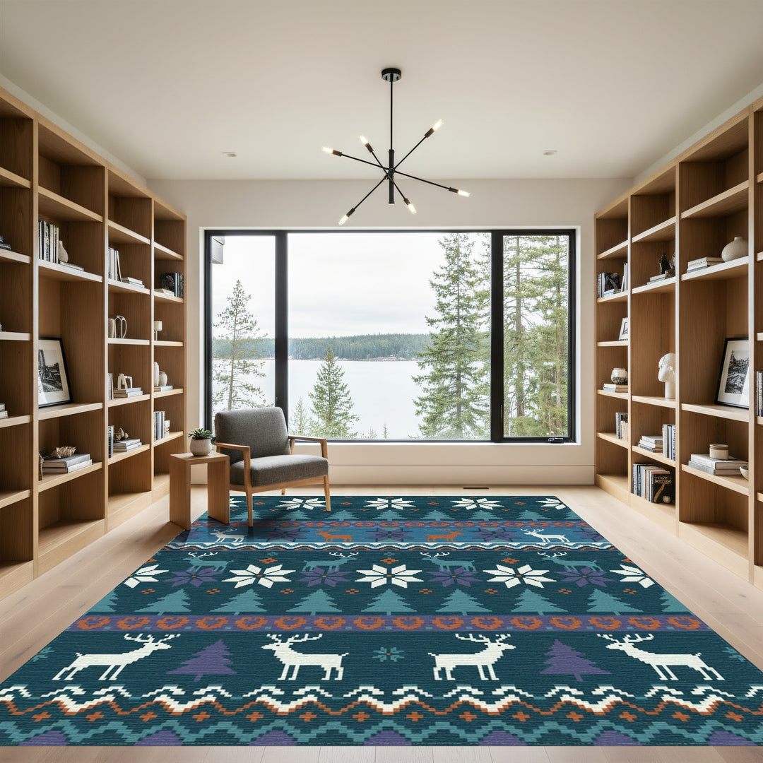 Nordic Reindeer Snowflake Forest Scene Rug
