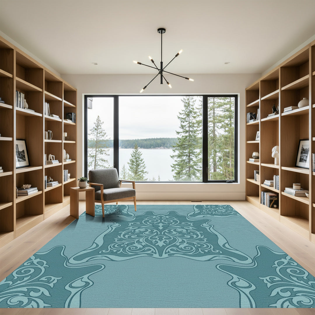 Teal Ornate Scrollwork Damask Medallion Rug