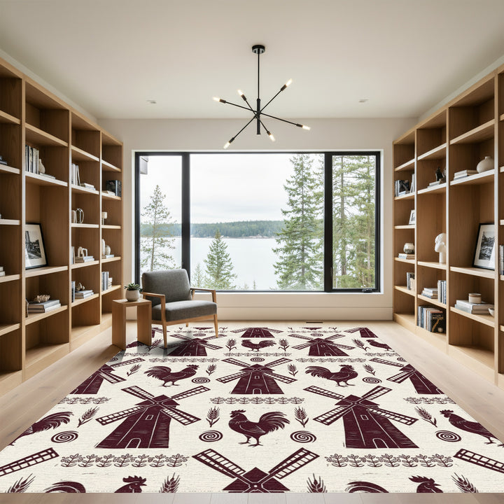 Farmhouse Windmill Rooster Wheat Border Rug