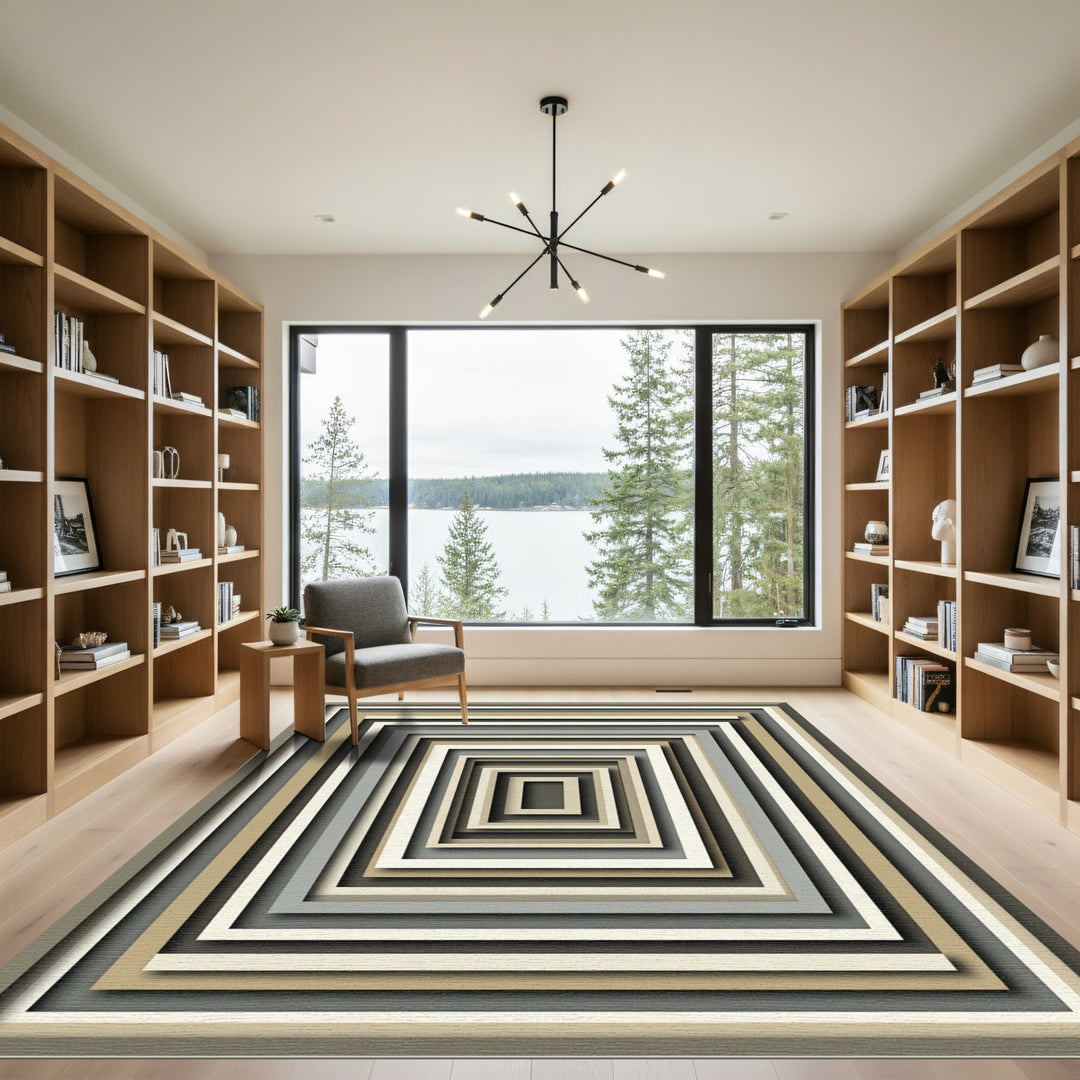 Abstract Neutral Tone Square Layered Rug