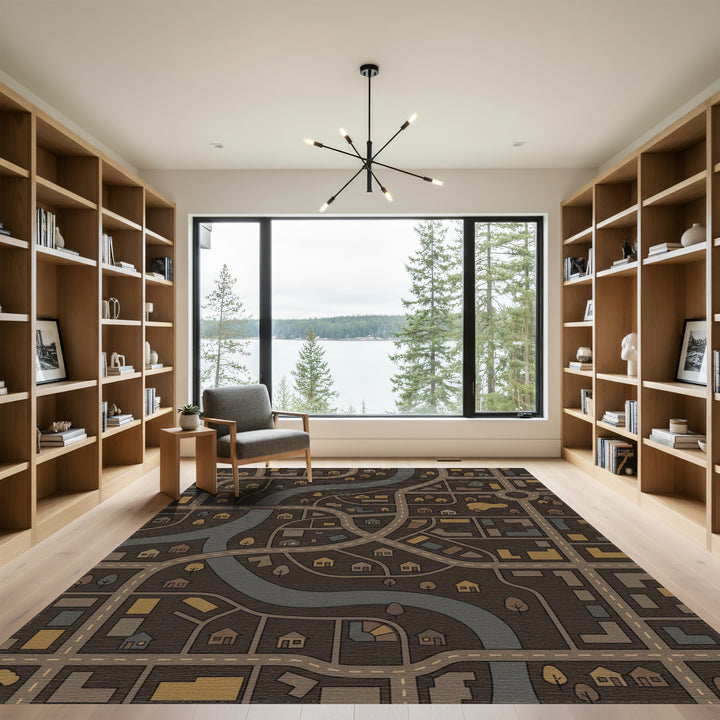 Urban City Map Brown Gold Scheme Rug