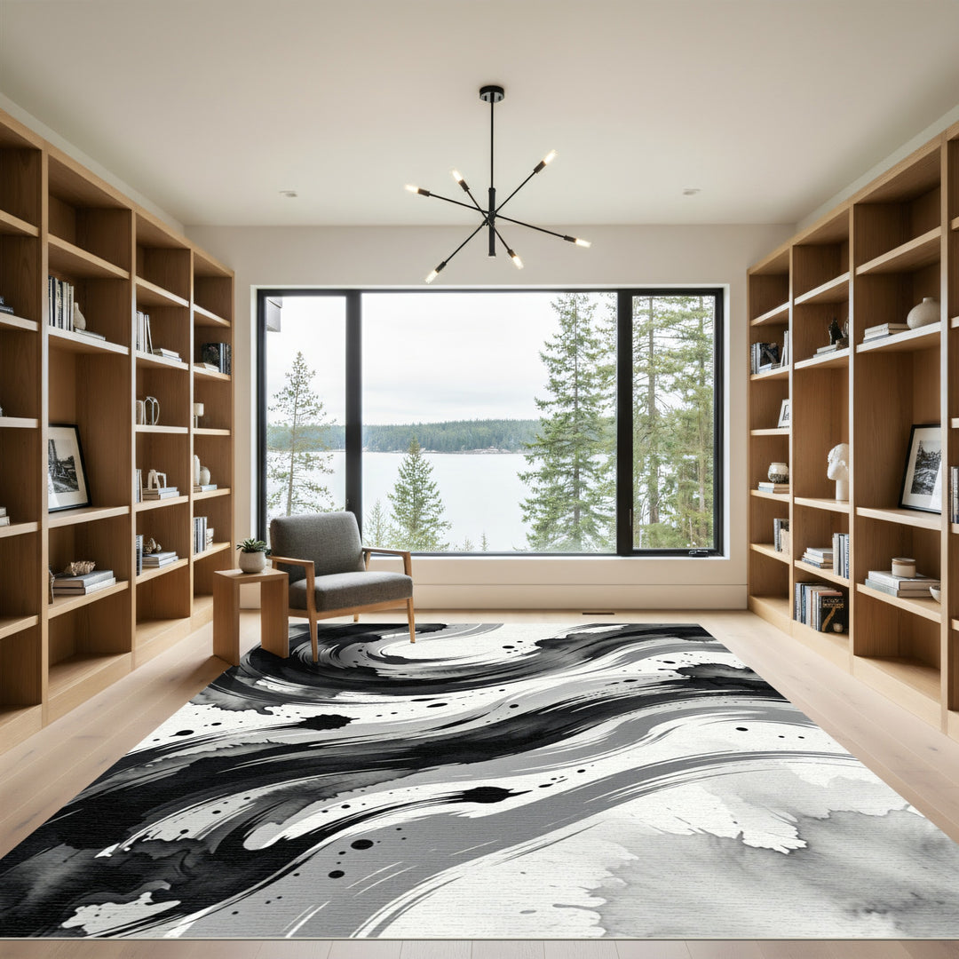 Bold Black Ink Wash Swirl Rug