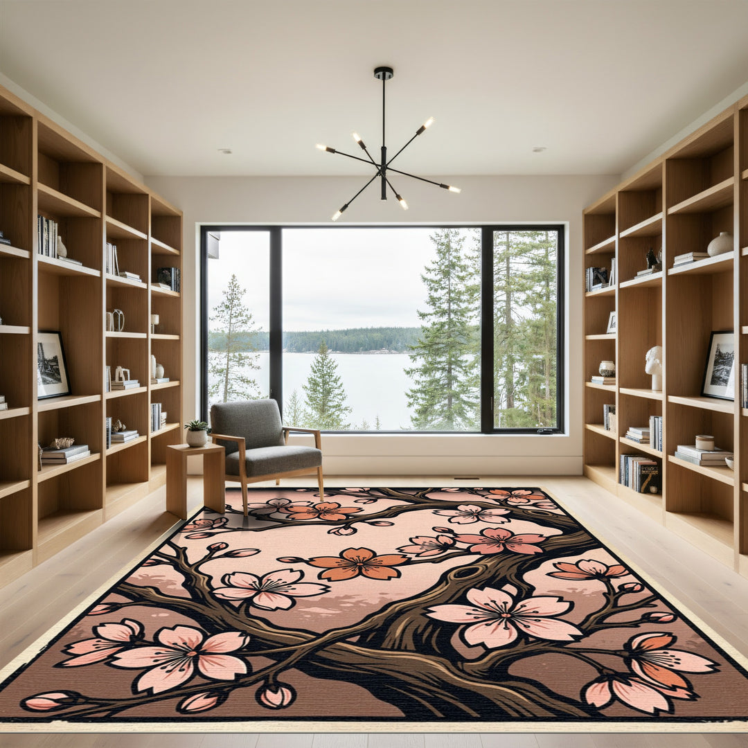 Pink Cherry Blossom Branch Artwork Rug