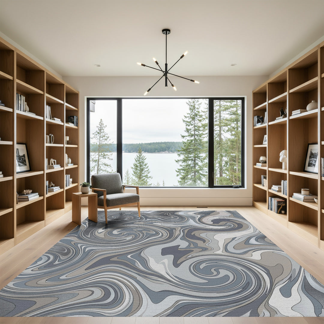 Ethereal Swirling Marble Gray and Silver Rug