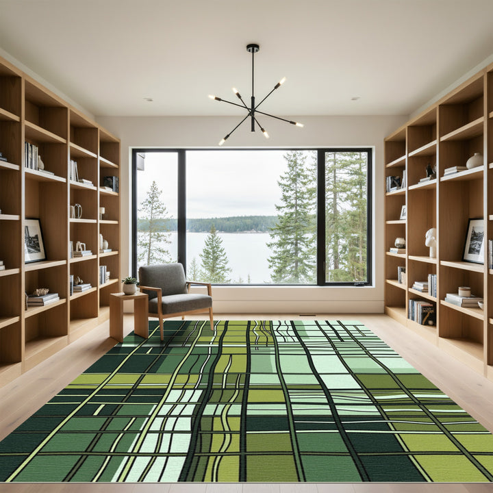 Modern Green Abstract Gridded Rug