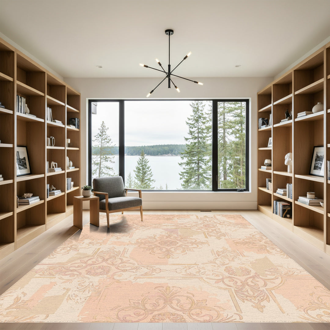 Pastel Peach Damask Scrollwork Rug