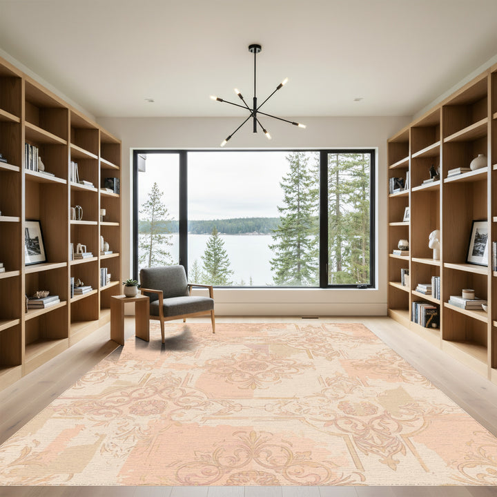 Pastel Peach Damask Scrollwork Rug