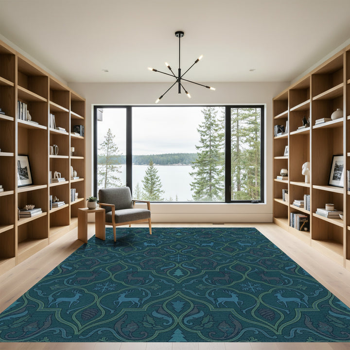 Deep Teal Reindeer Winterscape Damask Rug
