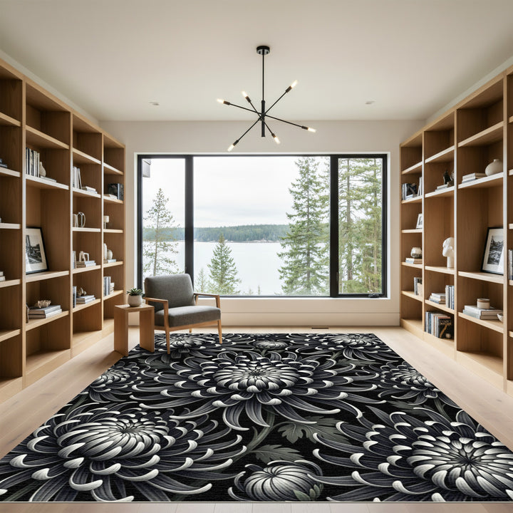 Monochromatic Black Chrysanthemum Bloom Textile Rug