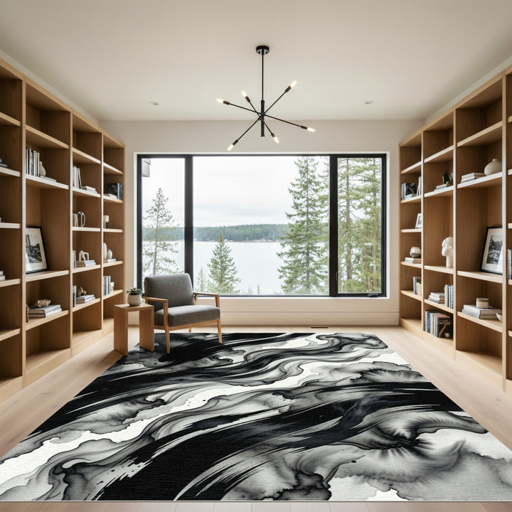 Monochromatic Ink Wash Swirls Rug
