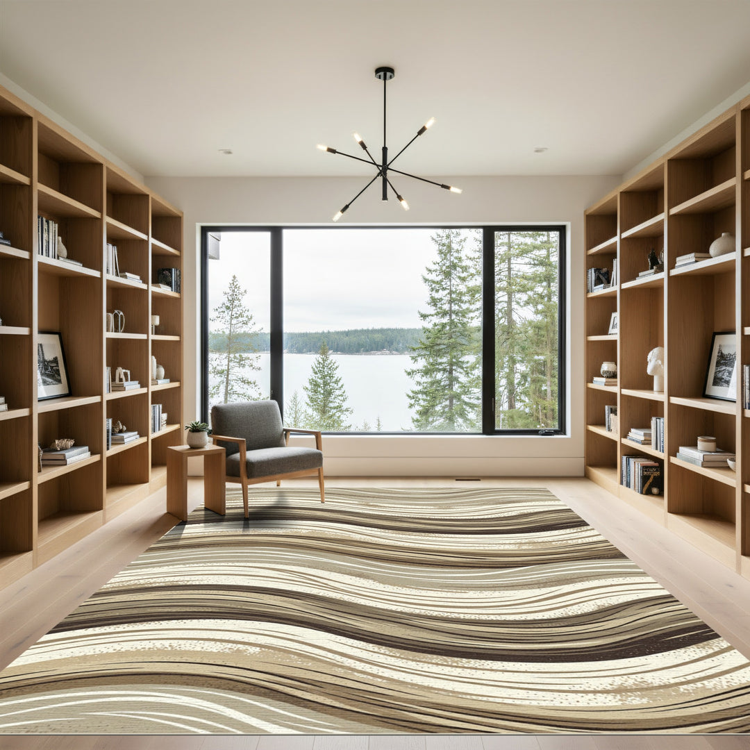 Wavy Brown Beige Neutral Lines Rug