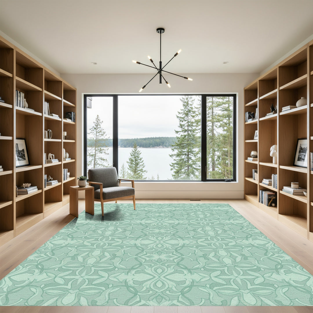 Seafoam Green Damask Floral Medallion Rug