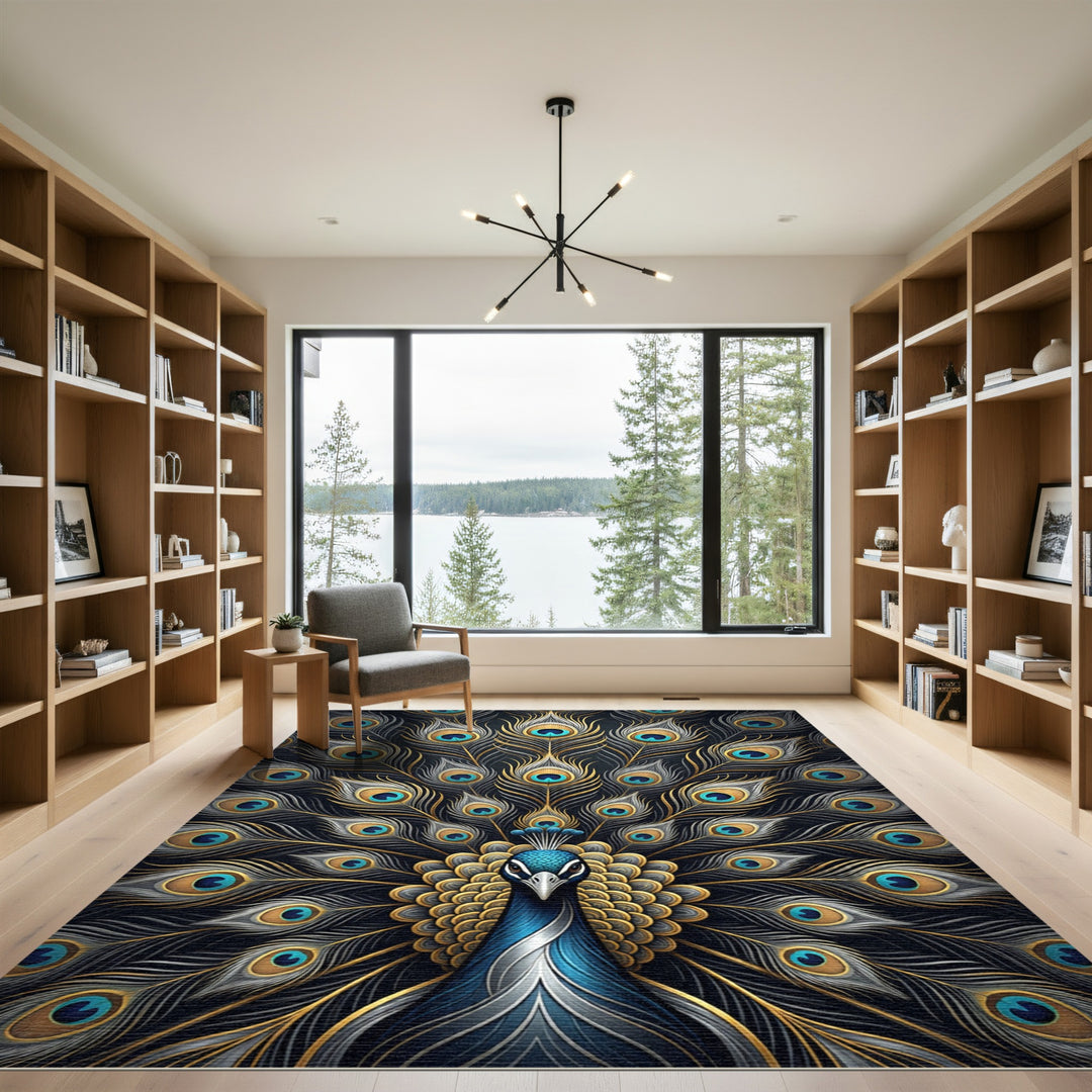 Majestic Peacock Feather Gold Rug