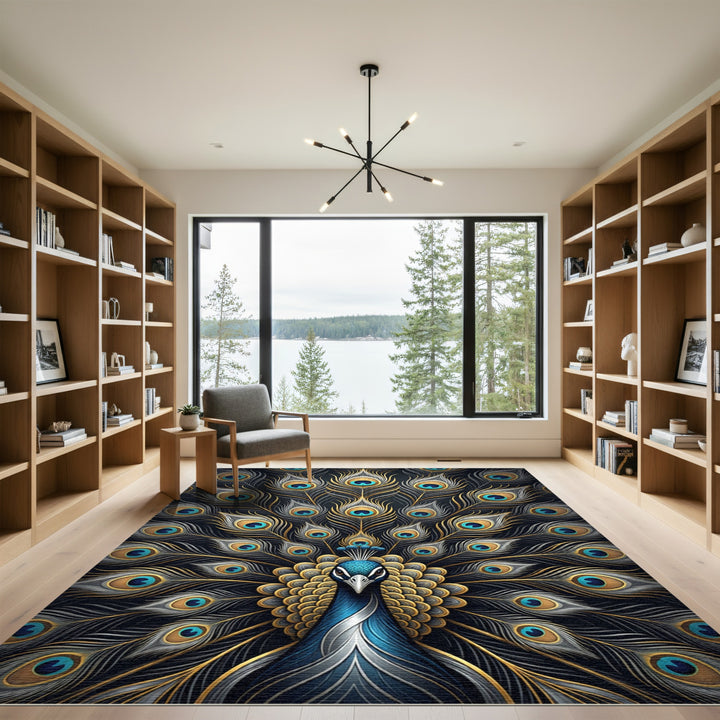 Majestic Peacock Feather Gold Rug