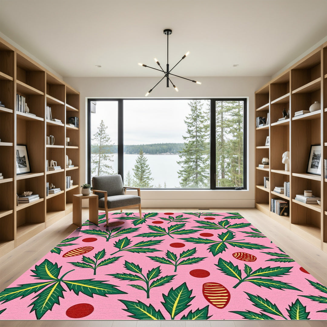 Pink Green Foliage Red Dot Oval Rug