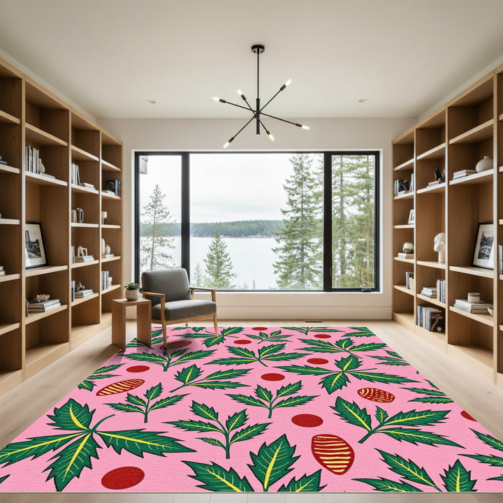 Pink Green Foliage Red Dot Oval Rug