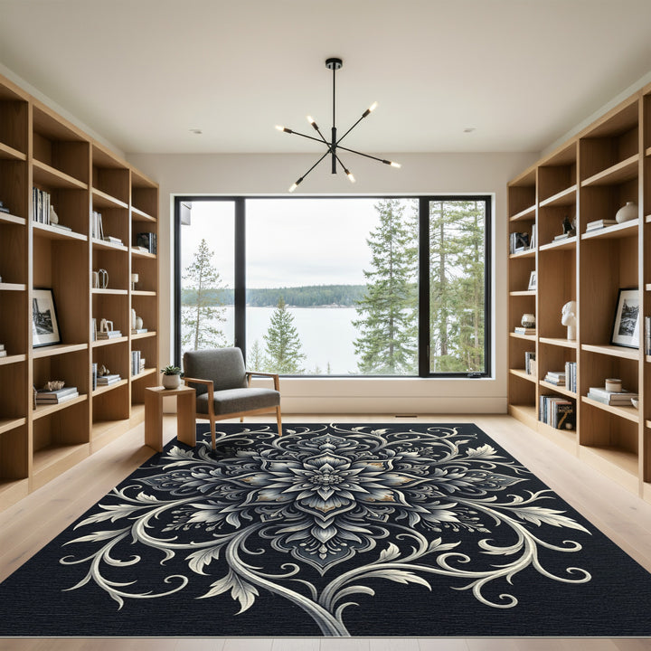 Black White Ornate Floral Mandala Rug