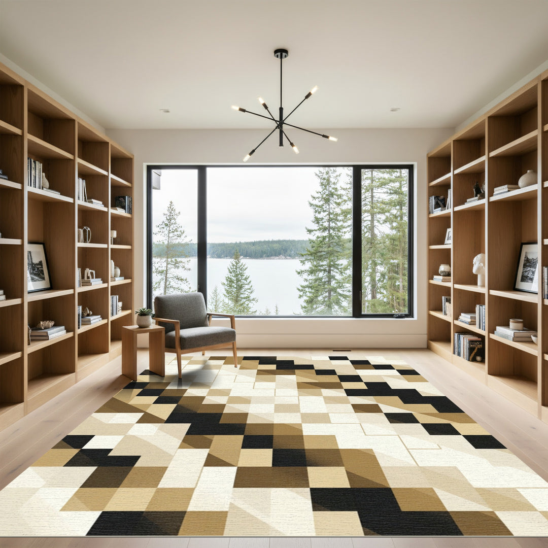 Geometric Squares Of Gold And Black Rug