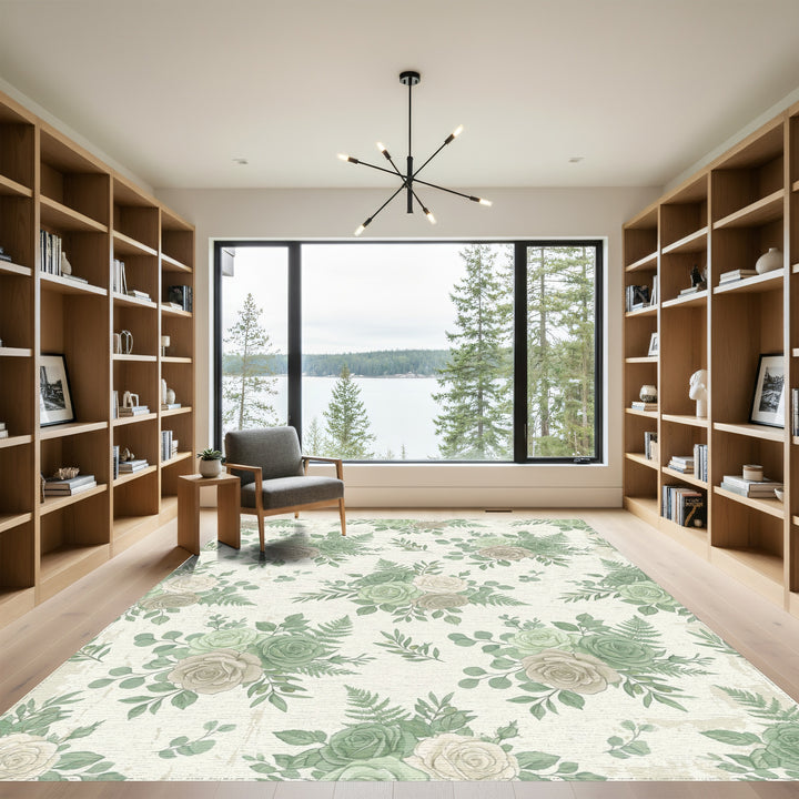 Soft Green Rose Blossom Foliage Arrangement Rug