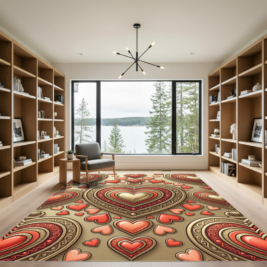 Ornate Golden Red Valentine Hearts Rug