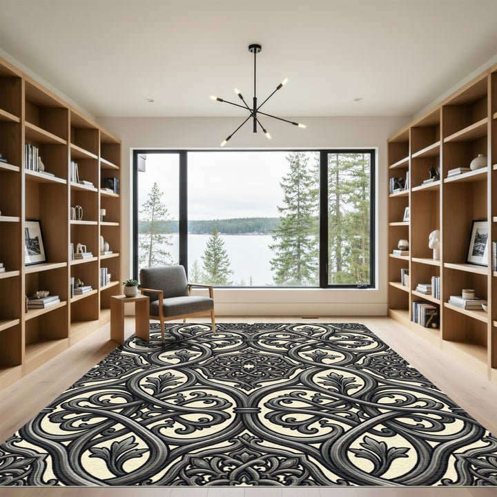 Intricate Black Floral Interlocking Lattice Rug