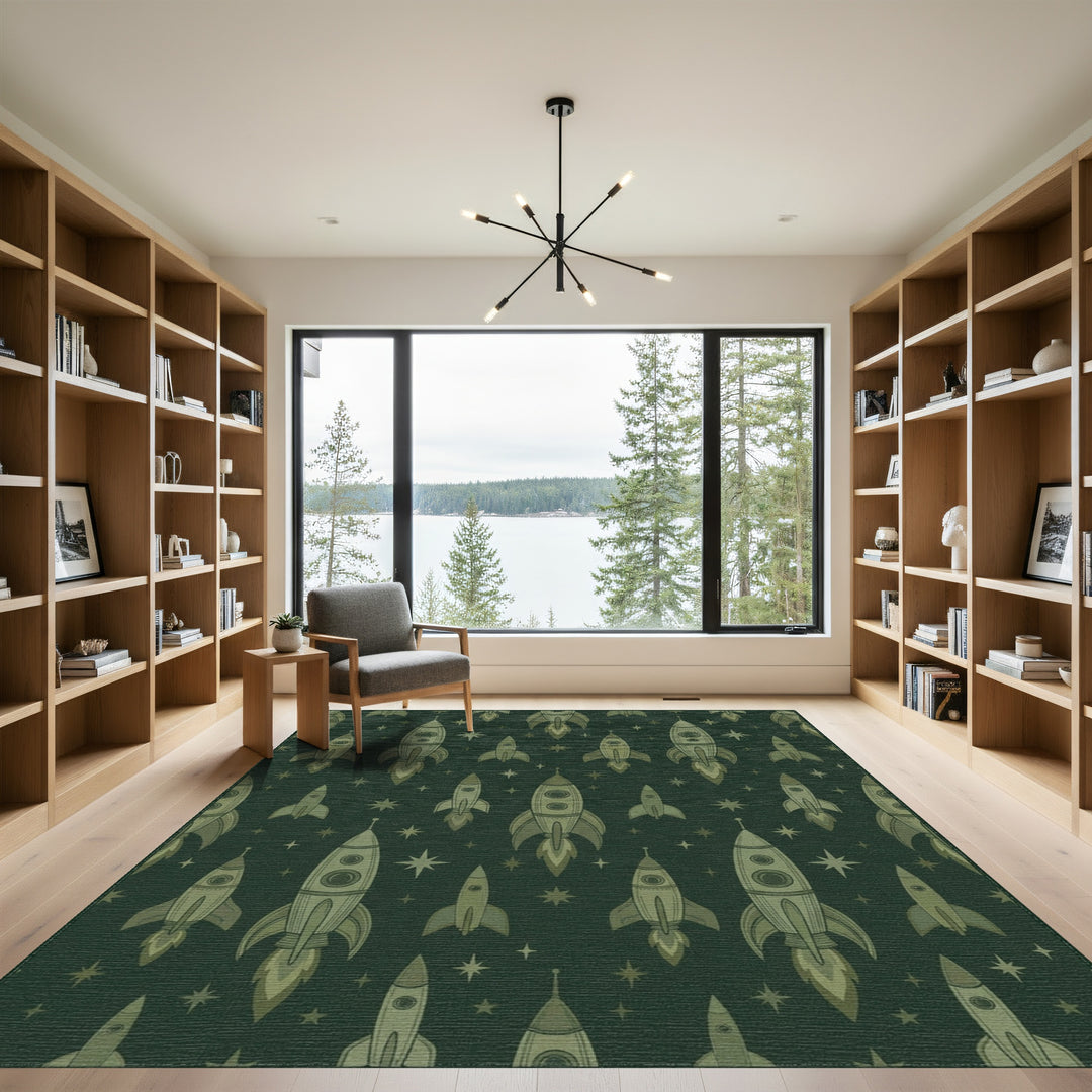 Retro Green Rocket Starburst Print Rug
