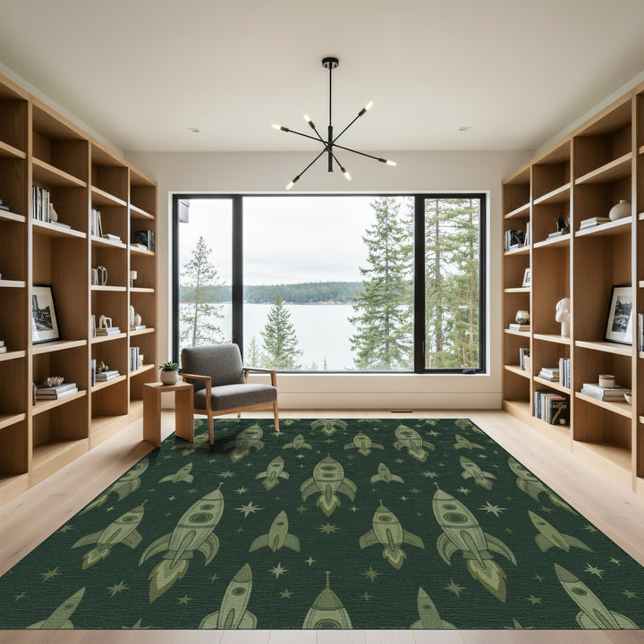 Retro Green Rocket Starburst Print Rug