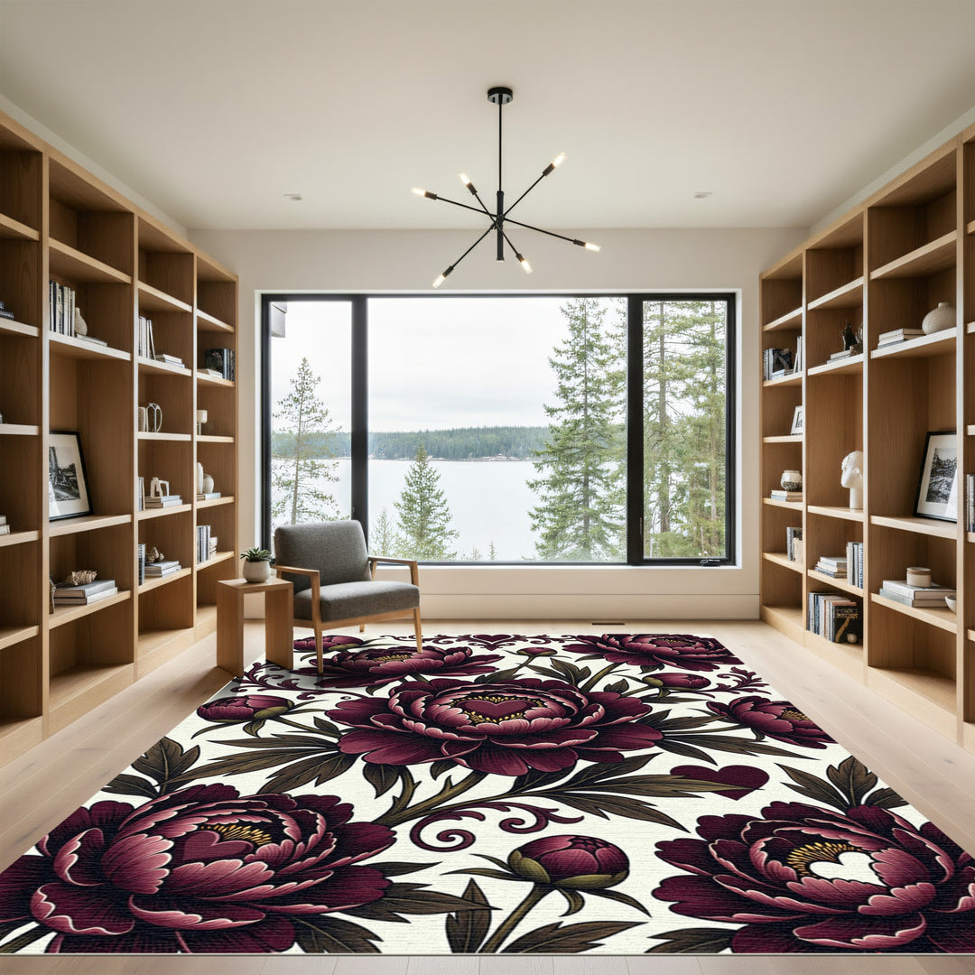 Deep Burgundy Floral Heart Pattern Rug