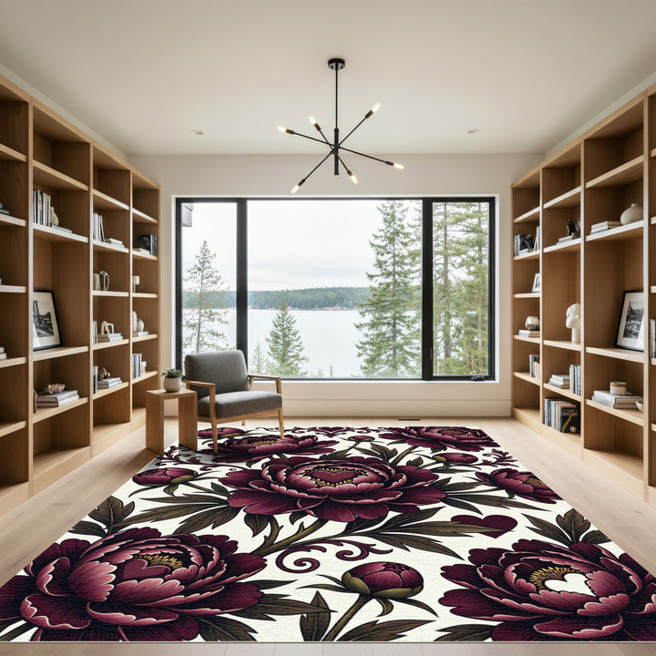 Deep Burgundy Floral Heart Pattern Rug