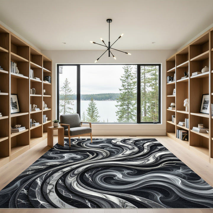 Monochromatic Marble Swirls Abstract Rug