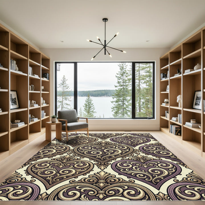 Ornate Golden Heart Damask Rug