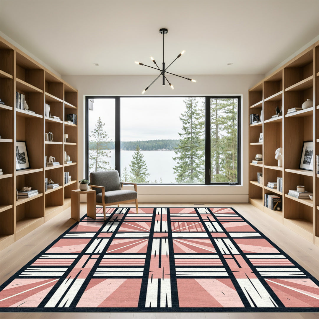 Pink Abstract Plaid Sunburst Rug