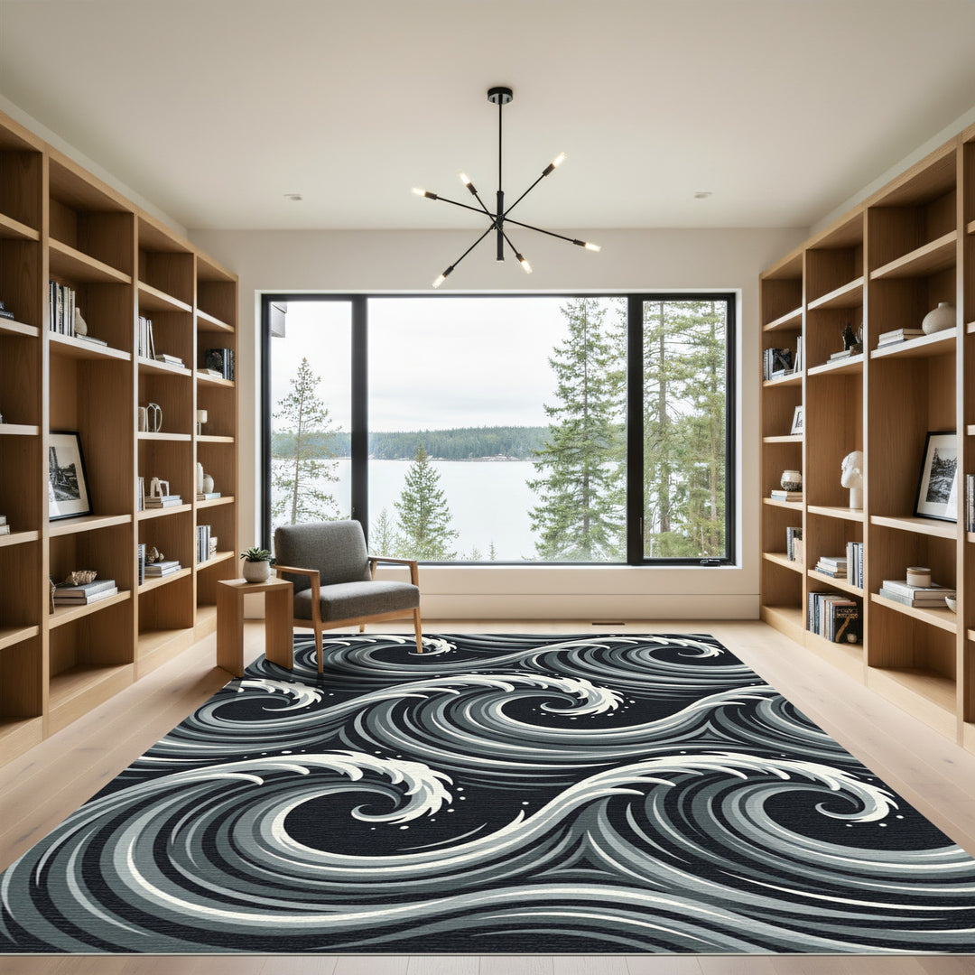 Monochromatic Swirling Ocean Waves Rug