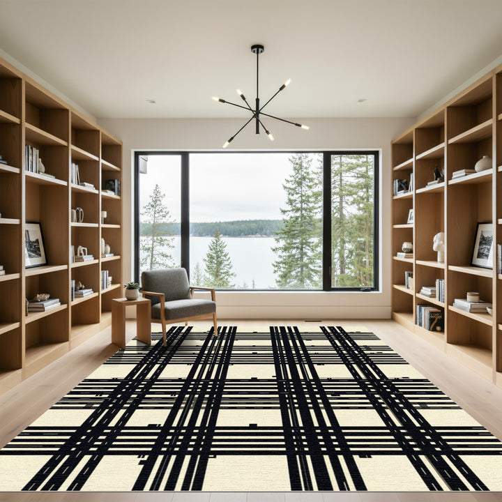 Minimalist Black White Grid Lines Rug