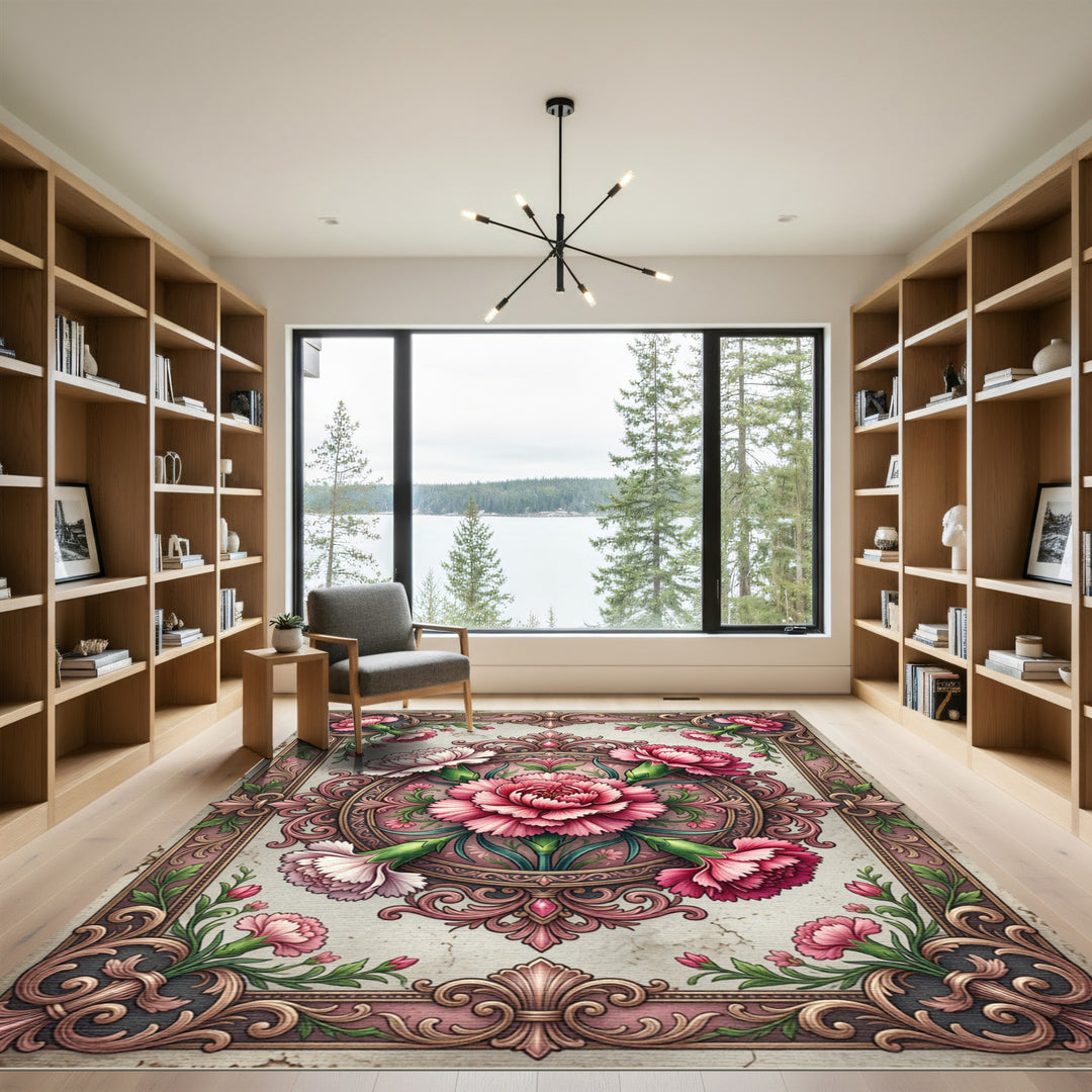 Vintage Pink Floral Carnation Frame Rug