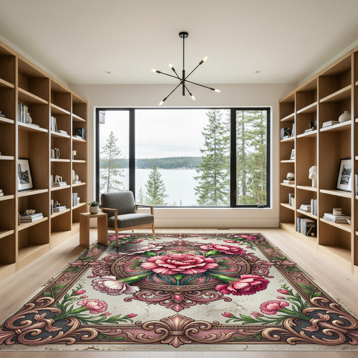 Vintage Pink Floral Carnation Frame Rug