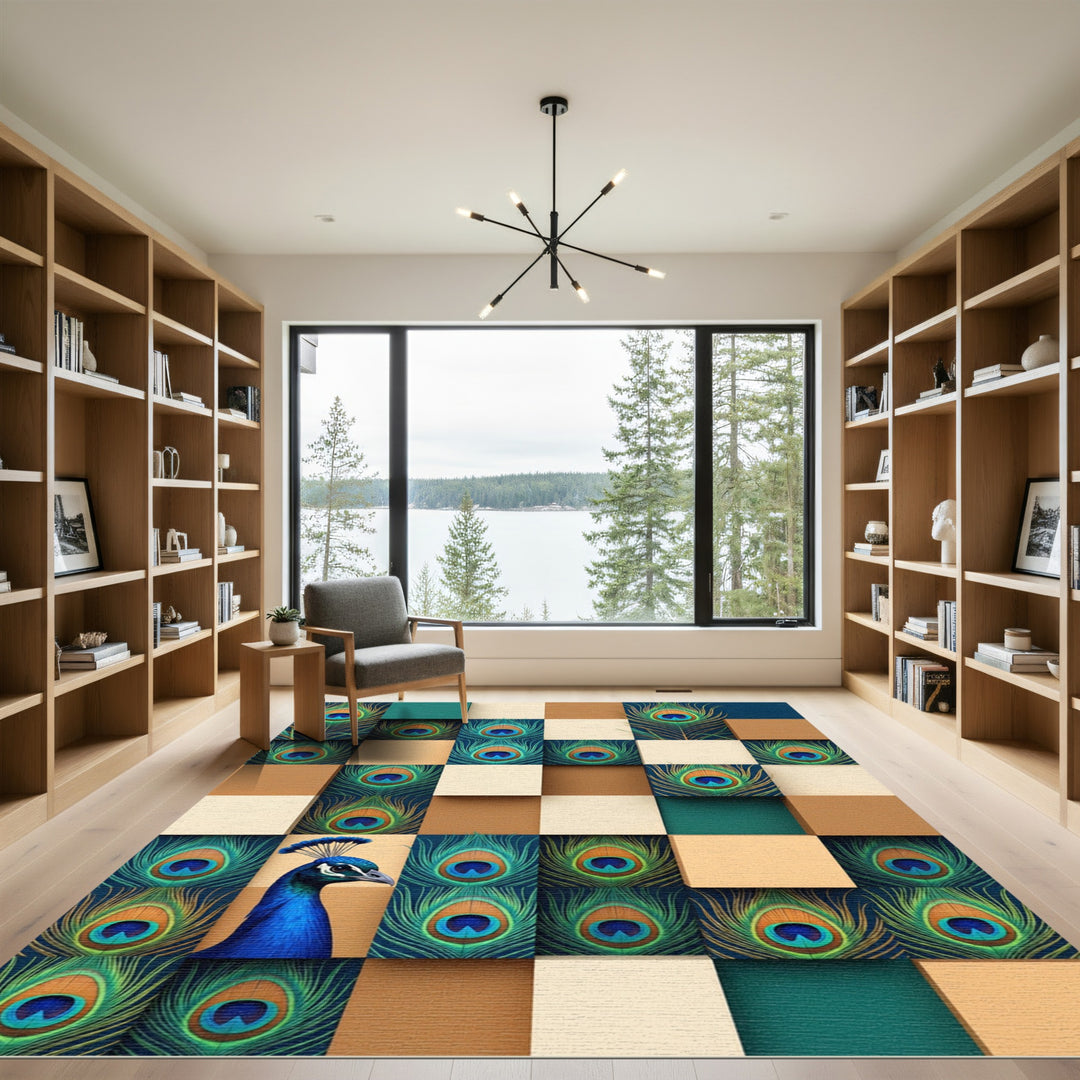 Rich Blue Peacock Feather Squares Rug