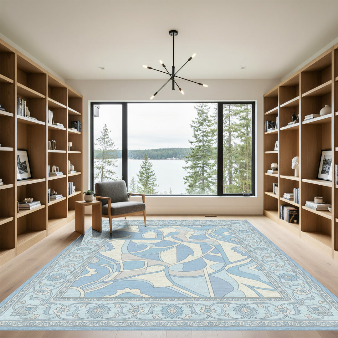 Soft Blue Floral Arc Detailed Rug