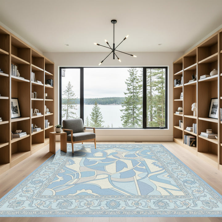 Soft Blue Floral Arc Detailed Rug