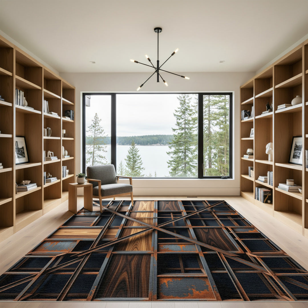 Industrial Wooden Panel Metal Grid Rug