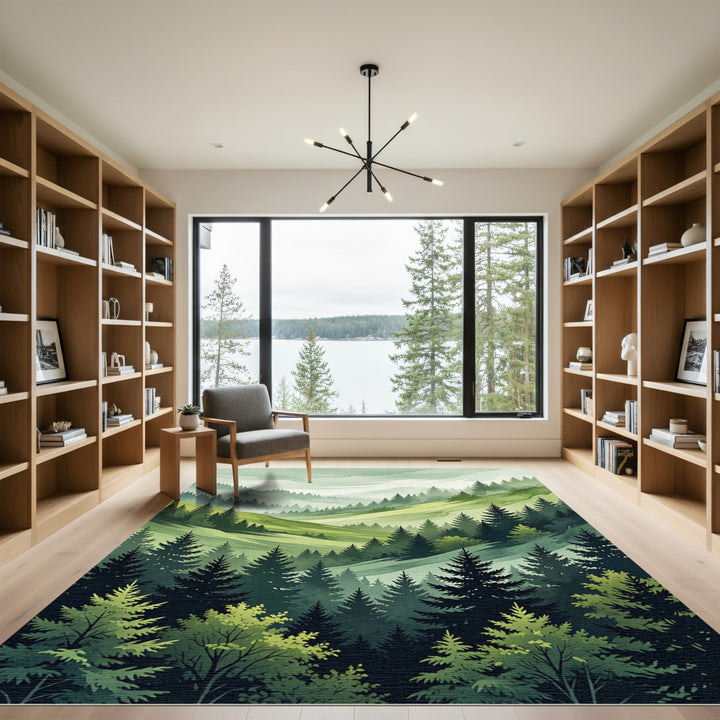 Misty Evergreen Forest Landscape Watercolor Rug