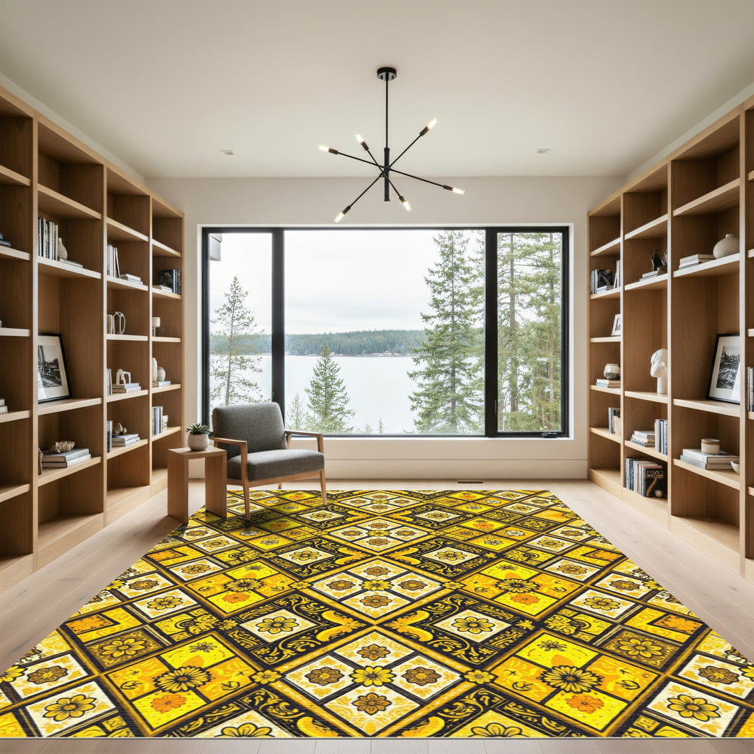 Golden Yellow Floral Diamond Area Rug