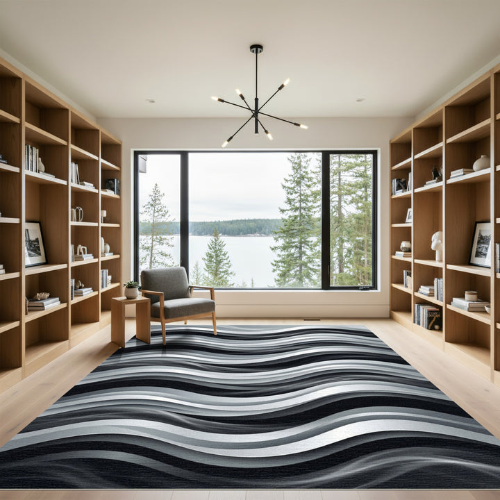 Modern Black White Wave Composition Rug