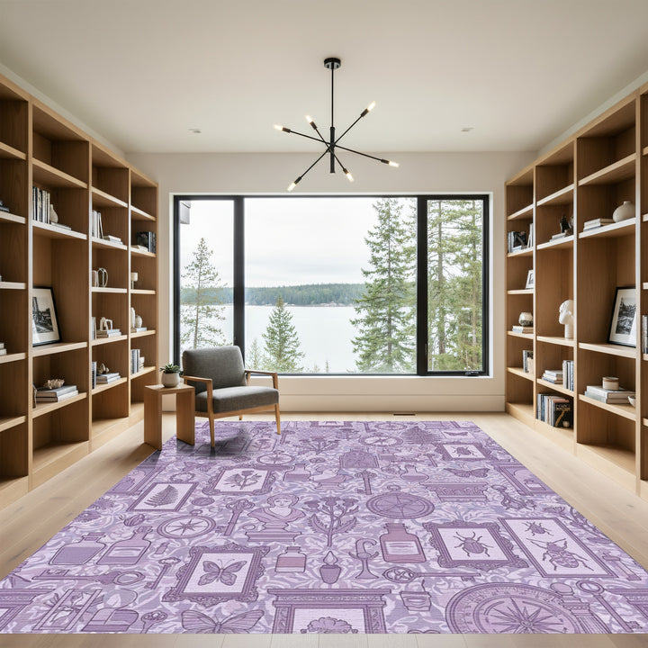 Whimsical Violet Botanical Curiosity Collage Rug