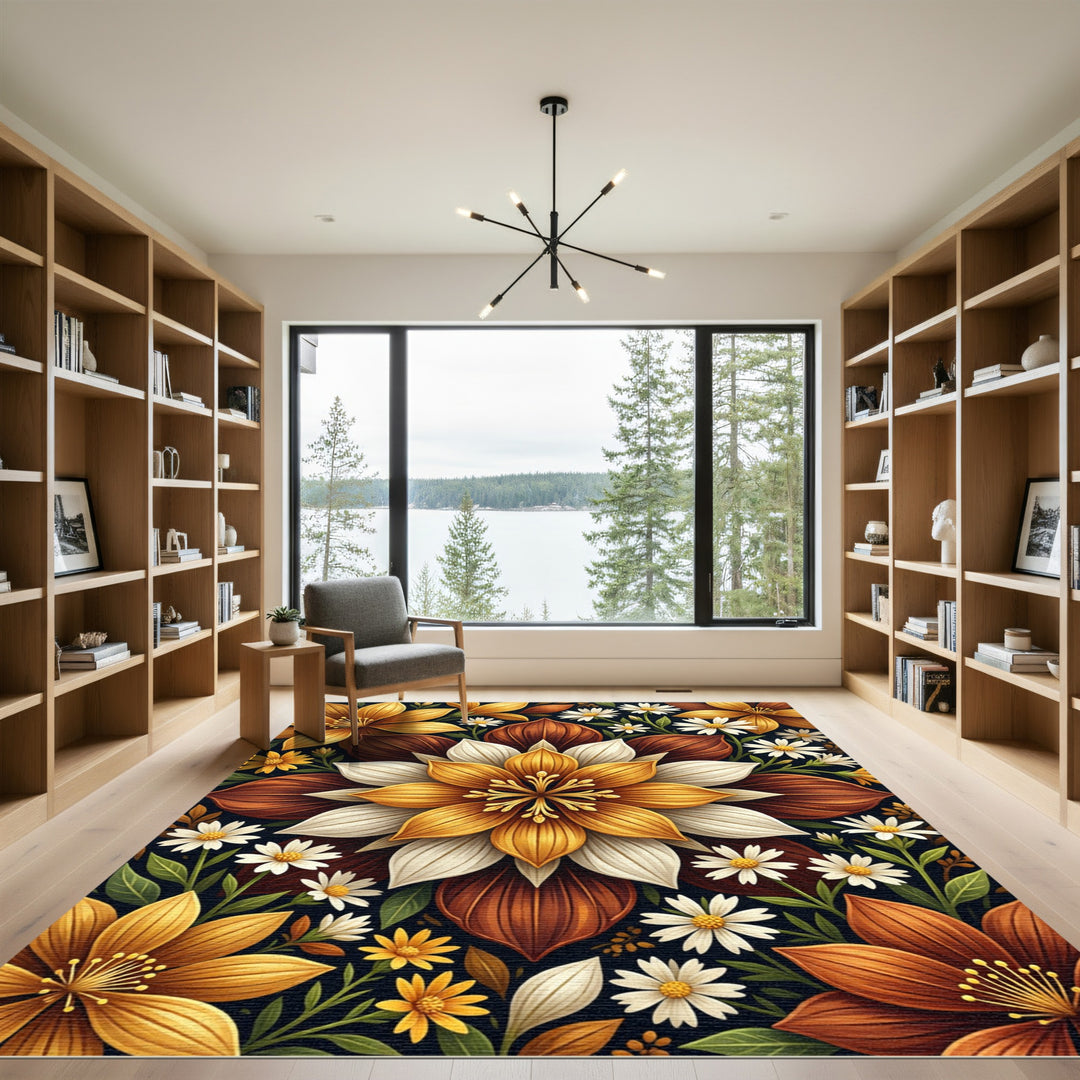 Golden Orange Floral Medallion Rug
